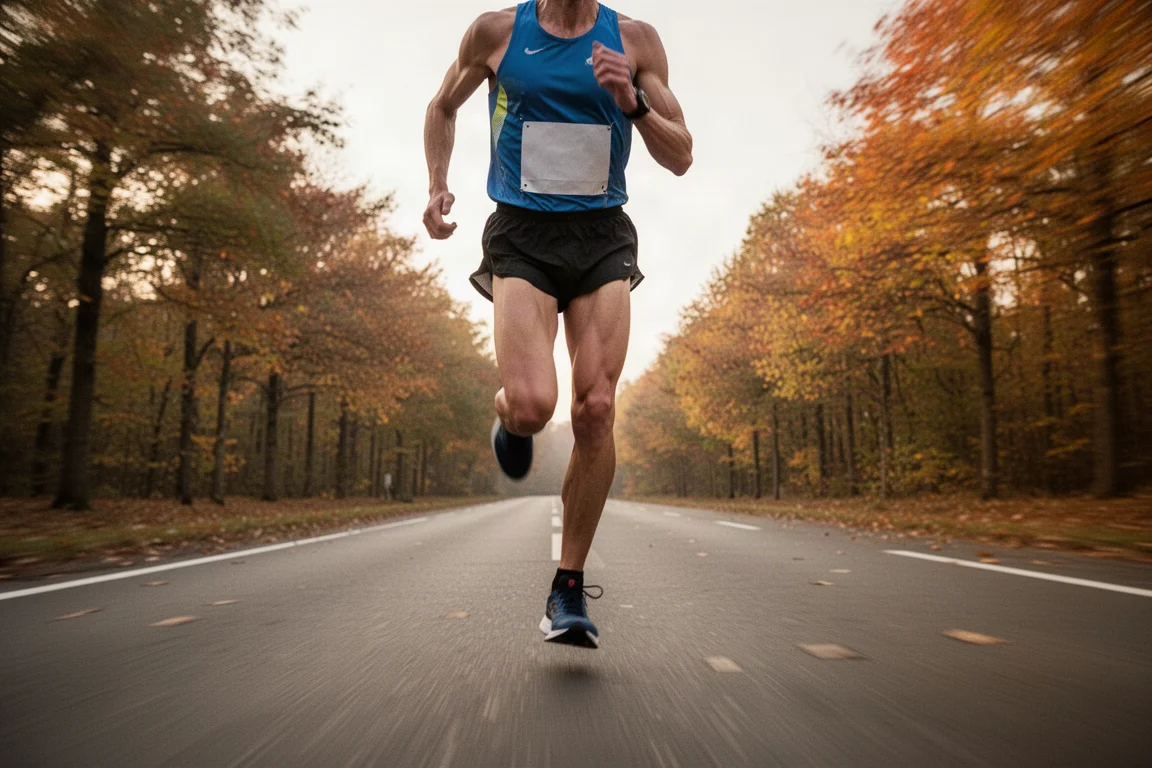 Biegacz w pełnym biegu na otwartej drodze podczas półmaratonu