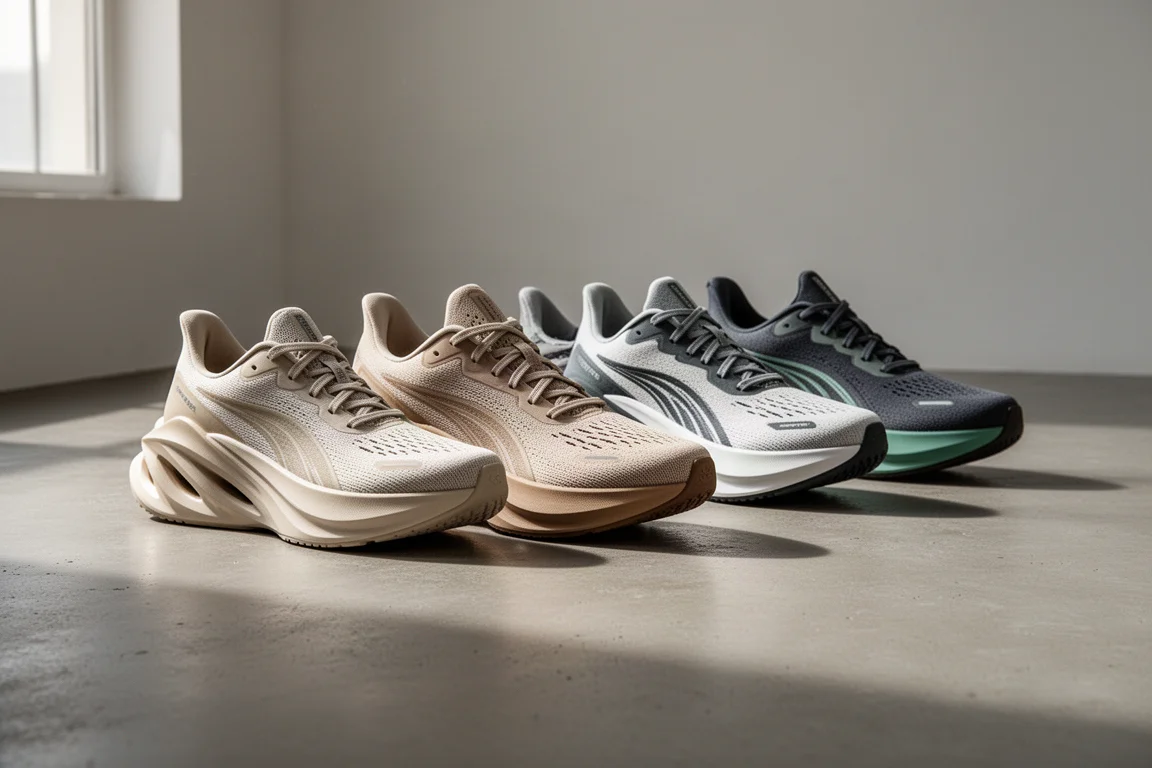 Five racing running shoes with tall midsoles lined up on a concrete studio floor