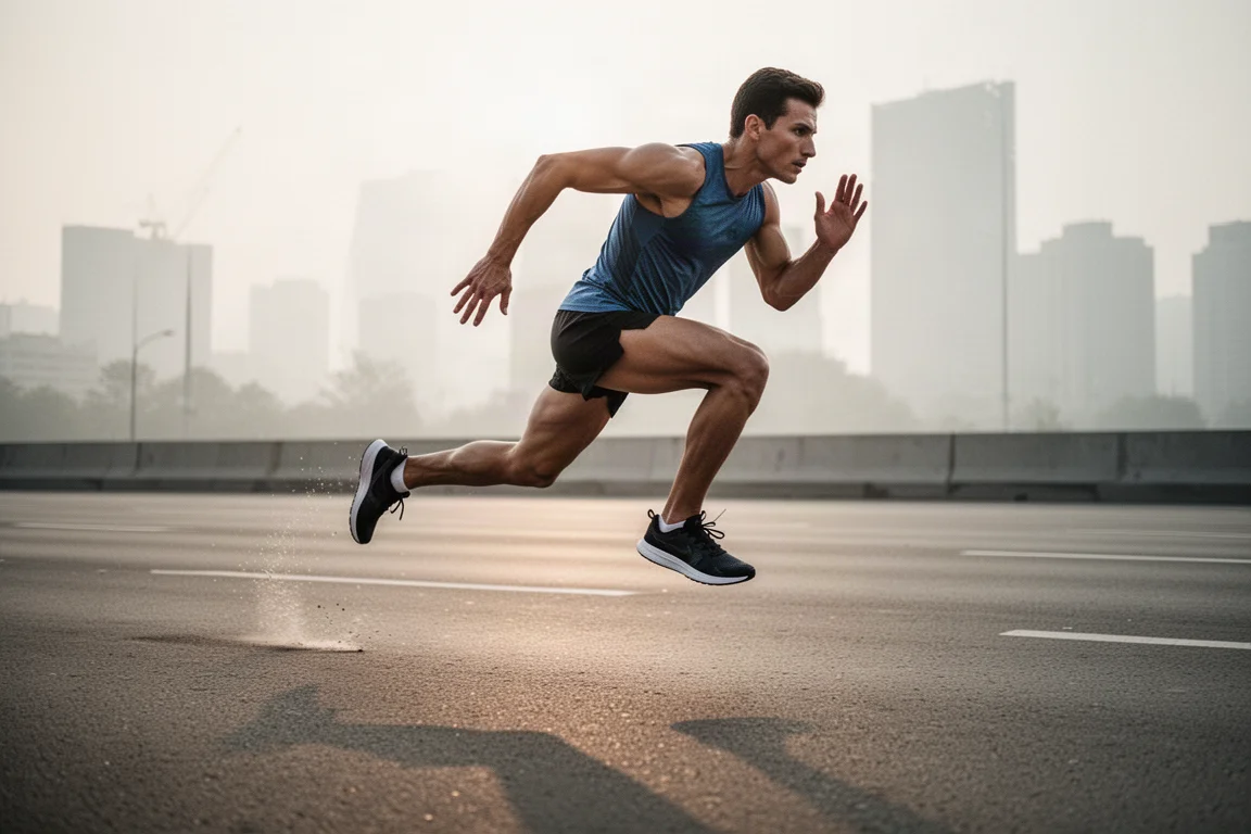 短期間のロードレースで、積極的なストライドによりつき姿を見せるランナー