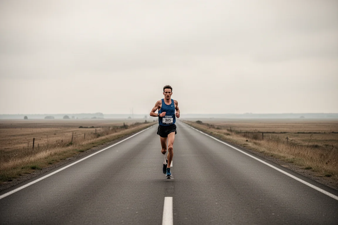 レース終盤の長い直線路上で、疲労しながらも安定したフォームを保つウルトラランナー