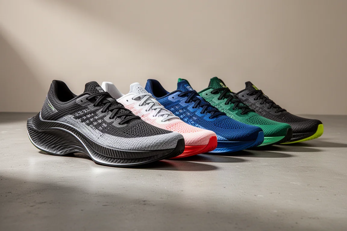 Six carbon-plated racing shoes arranged in a row on a concrete surface