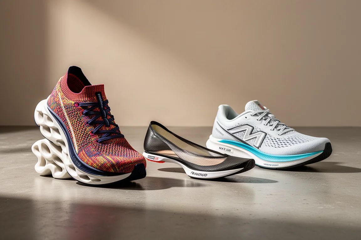 Lineup of marathon racing shoes on a matte concrete studio surface
