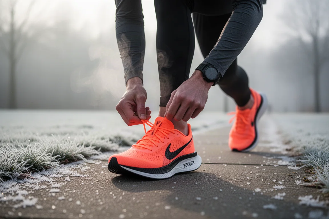 Runner lacing up a carbon plate race shoe on a cold morning