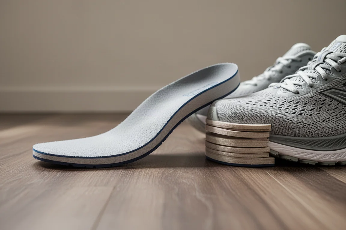 Close-up of a thick removable insole beside a super shoe