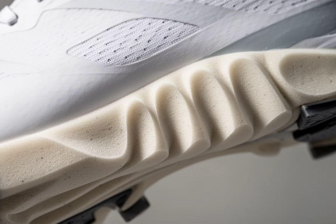 Sculpted foam midsole of a race shoe showing narrow midfoot