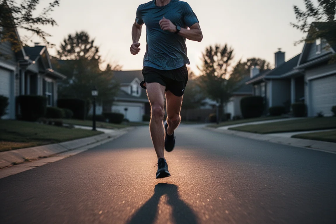 Runner cruising at an easy pace on quiet suburban roads