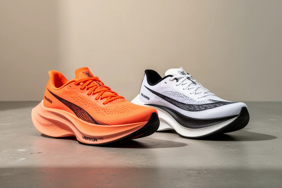 Saucony Endorphin Pro 4 and On Cloudboom Strike race shoes side by side on concrete