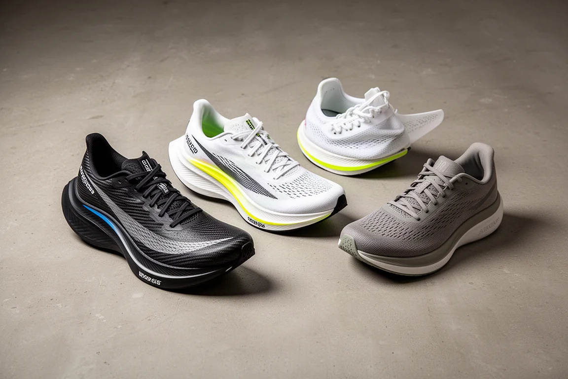 Five carbon-plate race shoes arranged on a matte concrete surface