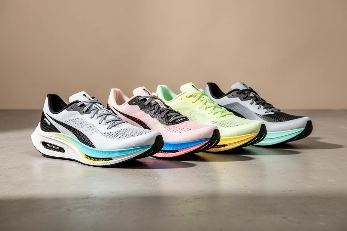 Six carbon-plated racing shoes arranged in a row on a concrete studio floor