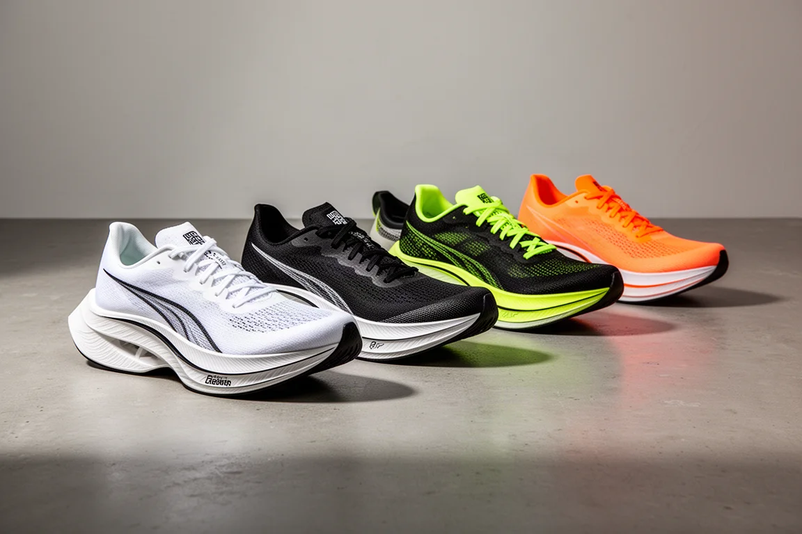 Six plated racing shoes lined up on a concrete surface
