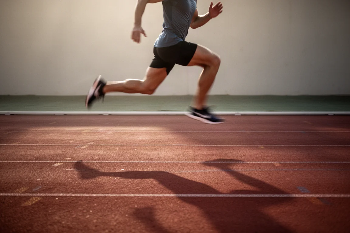 Runner in riscaldamento su una pista di atletica nella morbida luce del mattino
