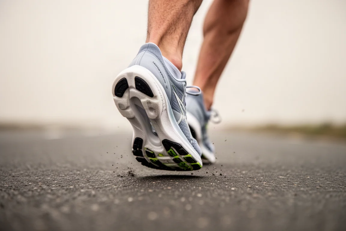 Dettaglio dei piedi di un runner che toccano l'asfalto durante una corsa su strada