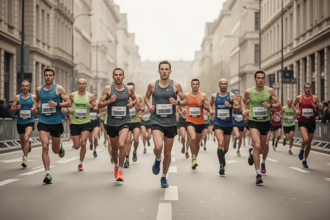 Runner che si avvicina al traguardo di una mezza maratona su una strada cittadina
