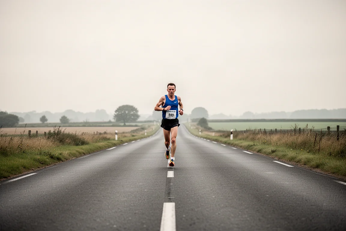 Runner di maratona su una strada aperta negli ultimi chilometri di gara