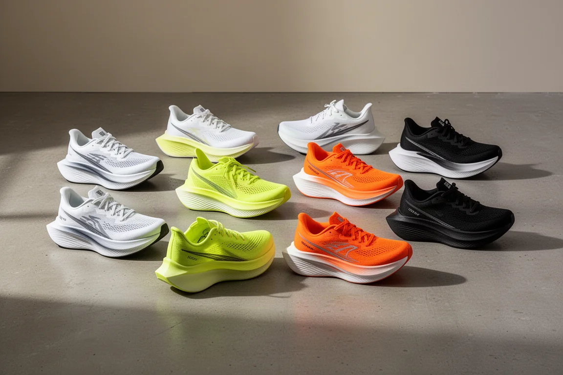 Four racing shoes lined up on a concrete surface, from lightweight racer to maximal-cushion marathon shoe