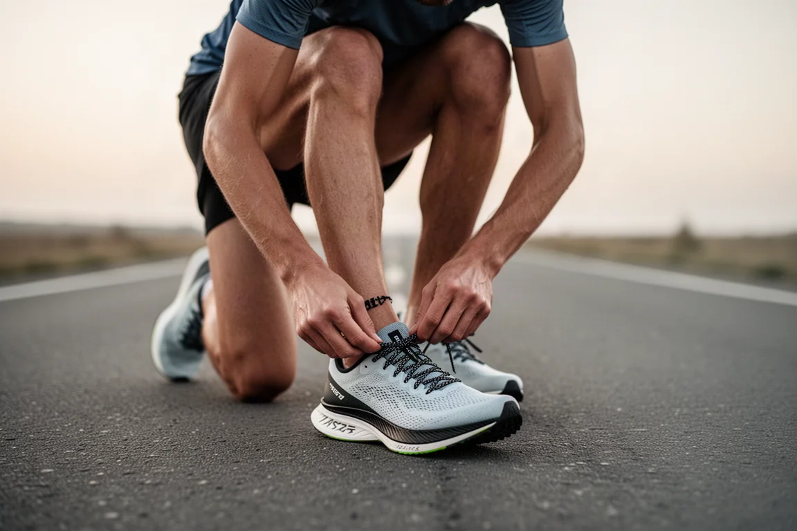 Un coureur lacère une chaussure de course légère sur une route paisible à l'aube