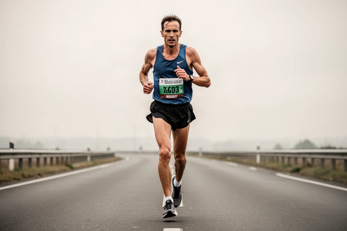 Un marathonien garde sa posture dans les derniers kilomètres sur une route ouverte