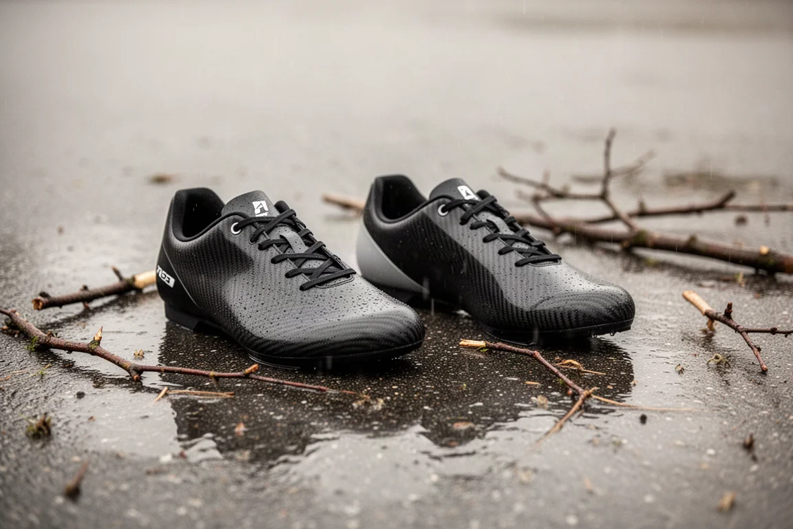 Deux chaussures de course côte à côte sur le bitume mouillé après une sortie sous la pluie