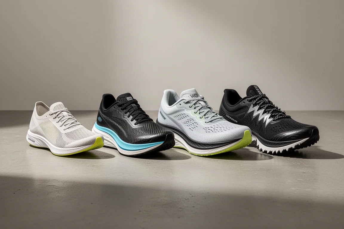 Four carbon-plated marathon racing shoes lined up on a concrete surface