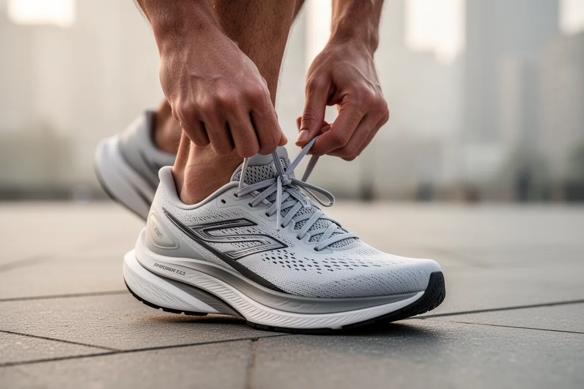 Corredor ajustando los cordones de una zapatilla de competición con placa de carbono sobre asfalto urbano