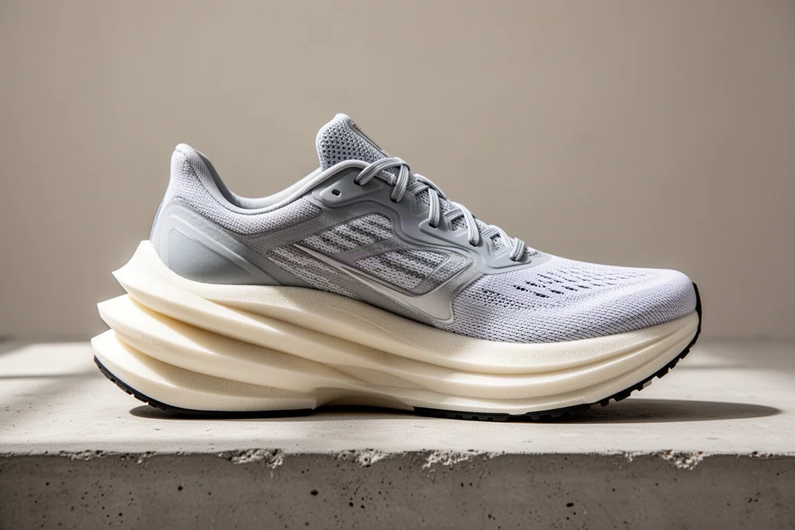 Primer plano de la mediasuela alta y gruesa de una zapatilla de competición prototipo sobre una superficie neutra