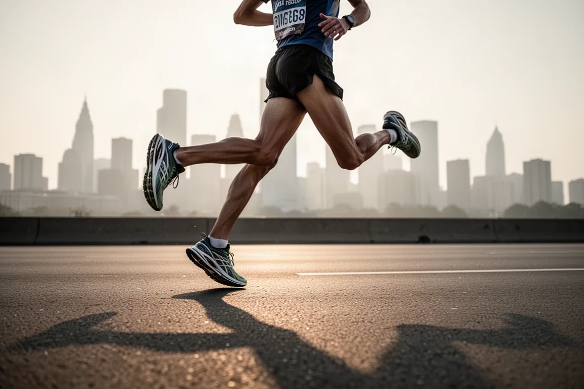 Maratonista compitiendo en carretera abierta al amanecer con supershoes con placa
