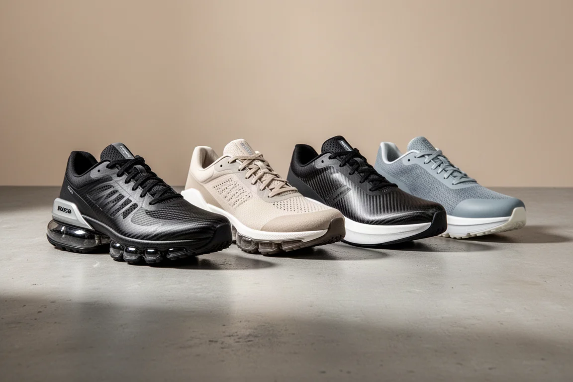 Four carbon-plated racing shoes with thick midsoles lined up on a concrete surface