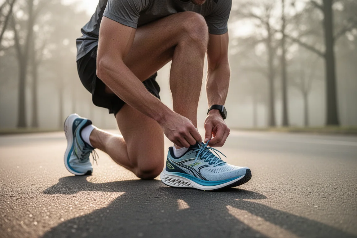 Corridore che allaccia le scarpe da gara su una strada asfaltata prima di una seduta di ritmo