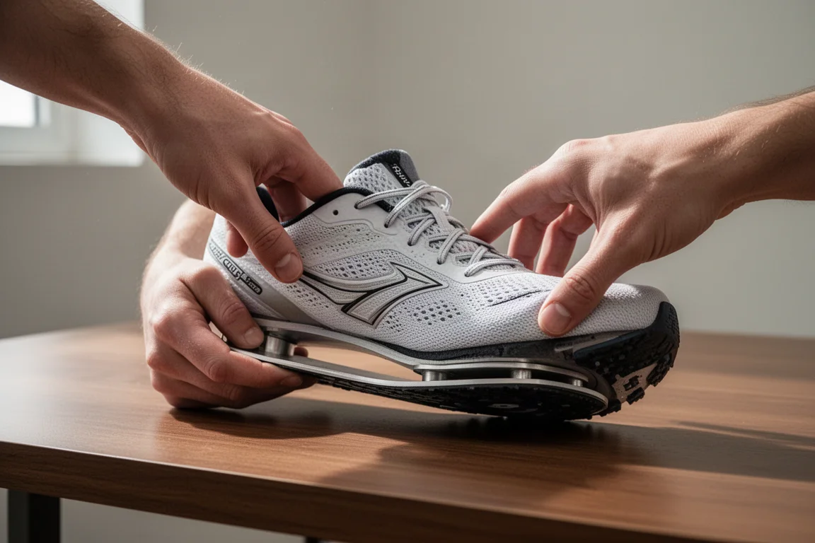 Primo piano della piastra in midsole di una scarpa che si flette durante un test di piegatura su una scrivania