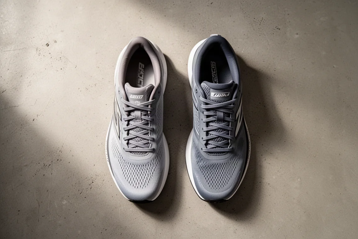 Due scarpe da gara affiancate sul cemento che mostrano differenze di larghezza nell'avampiede
