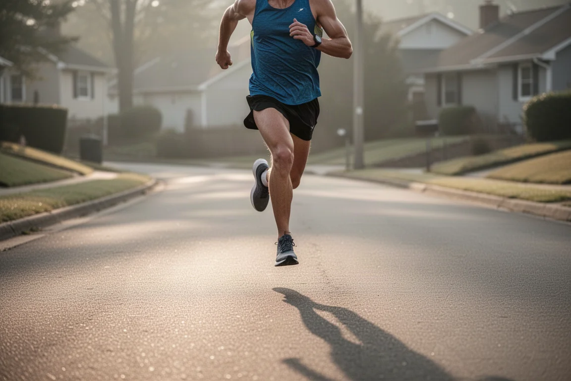 Coureur effectuant des répétitions de 400m sur une route pavée avec une allure progressive