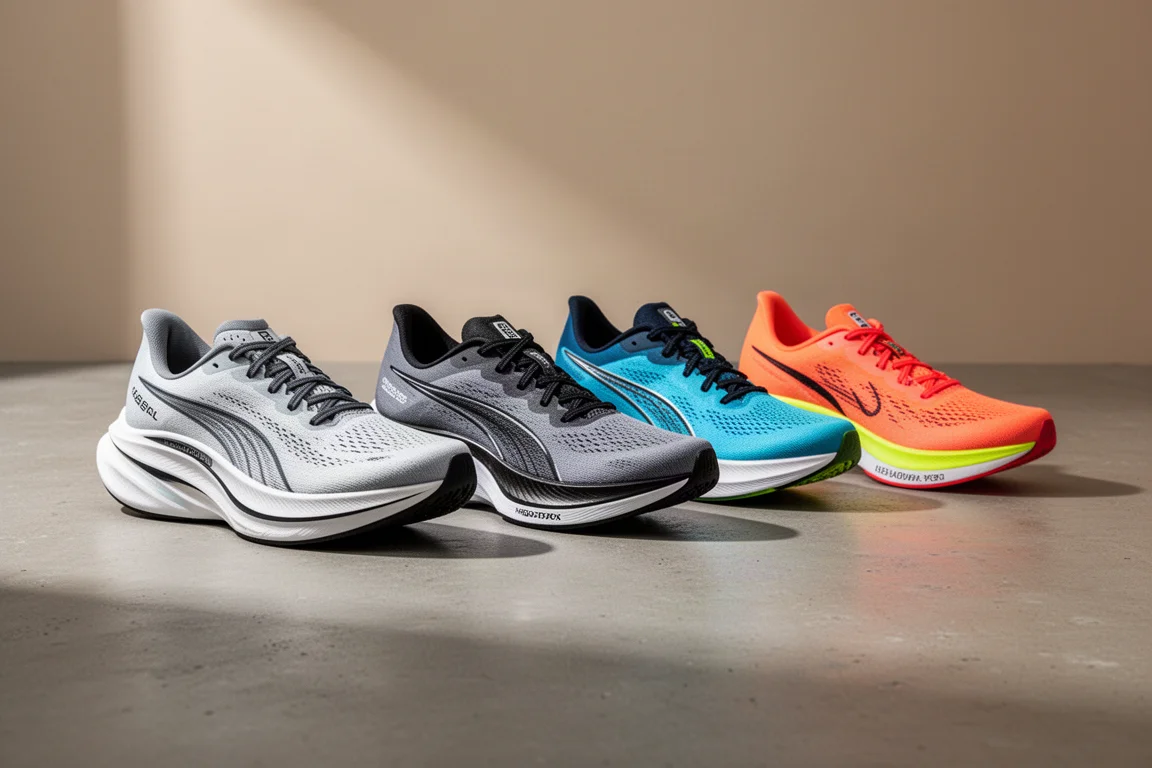 Five road running shoes arranged in a row on a concrete surface