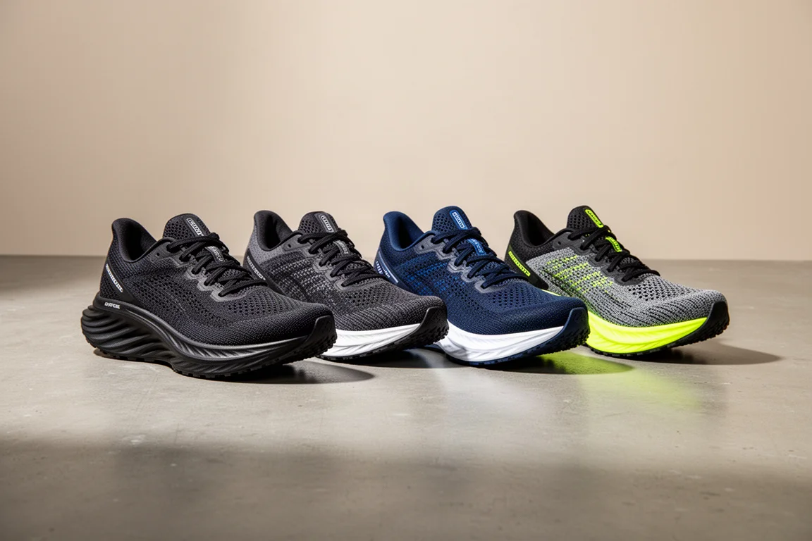 Four racing running shoes arranged in a row on a concrete surface
