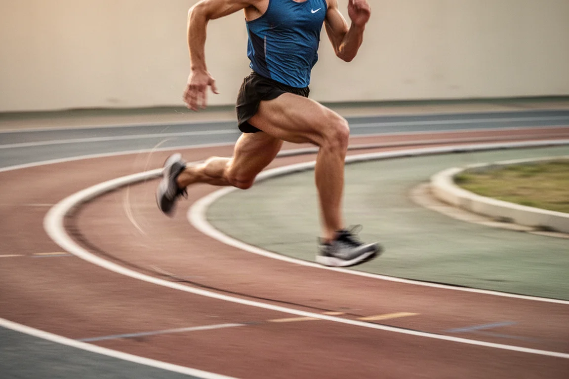 Un coureur accélère dans un virage de piste à allure de course