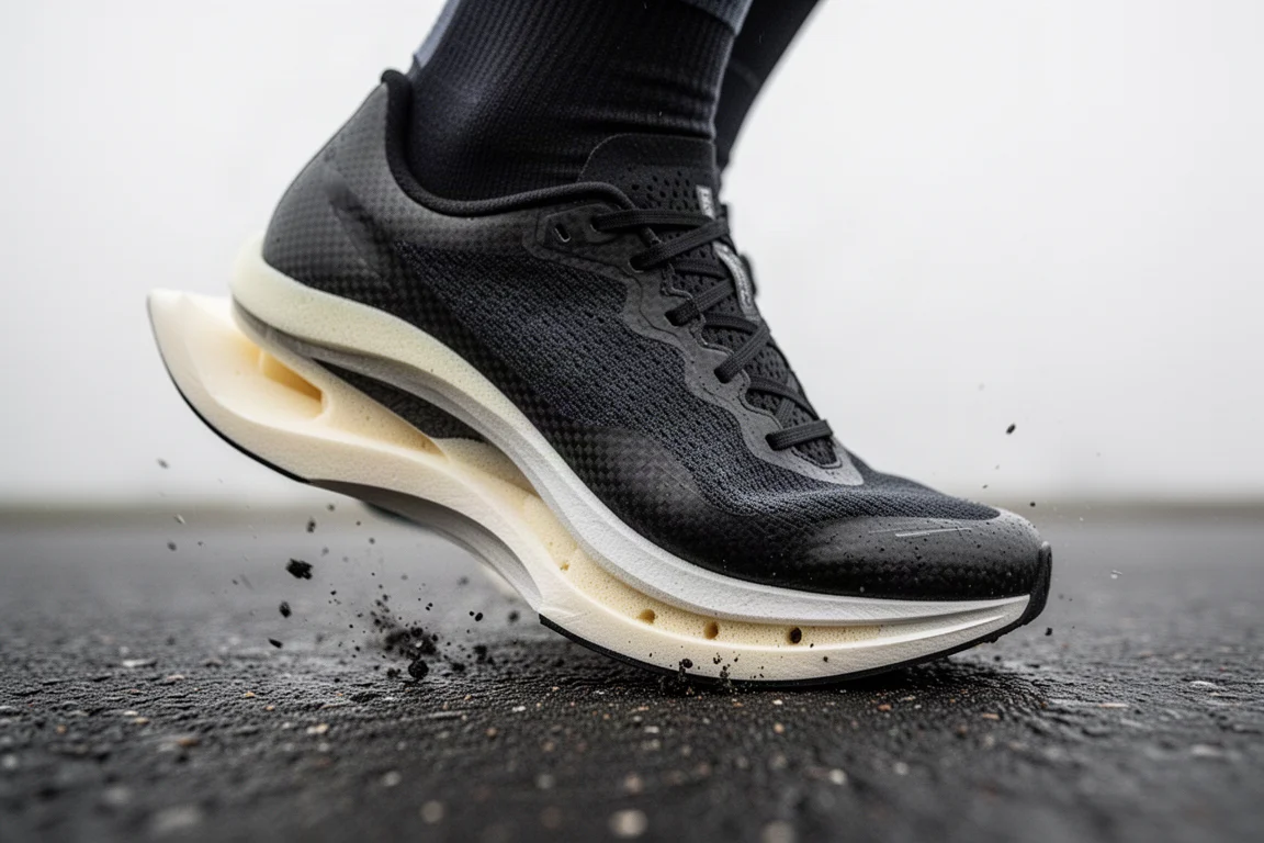 Gros plan sur l'avant-pied d'une chaussure de course à plaque carbone qui fléchit
