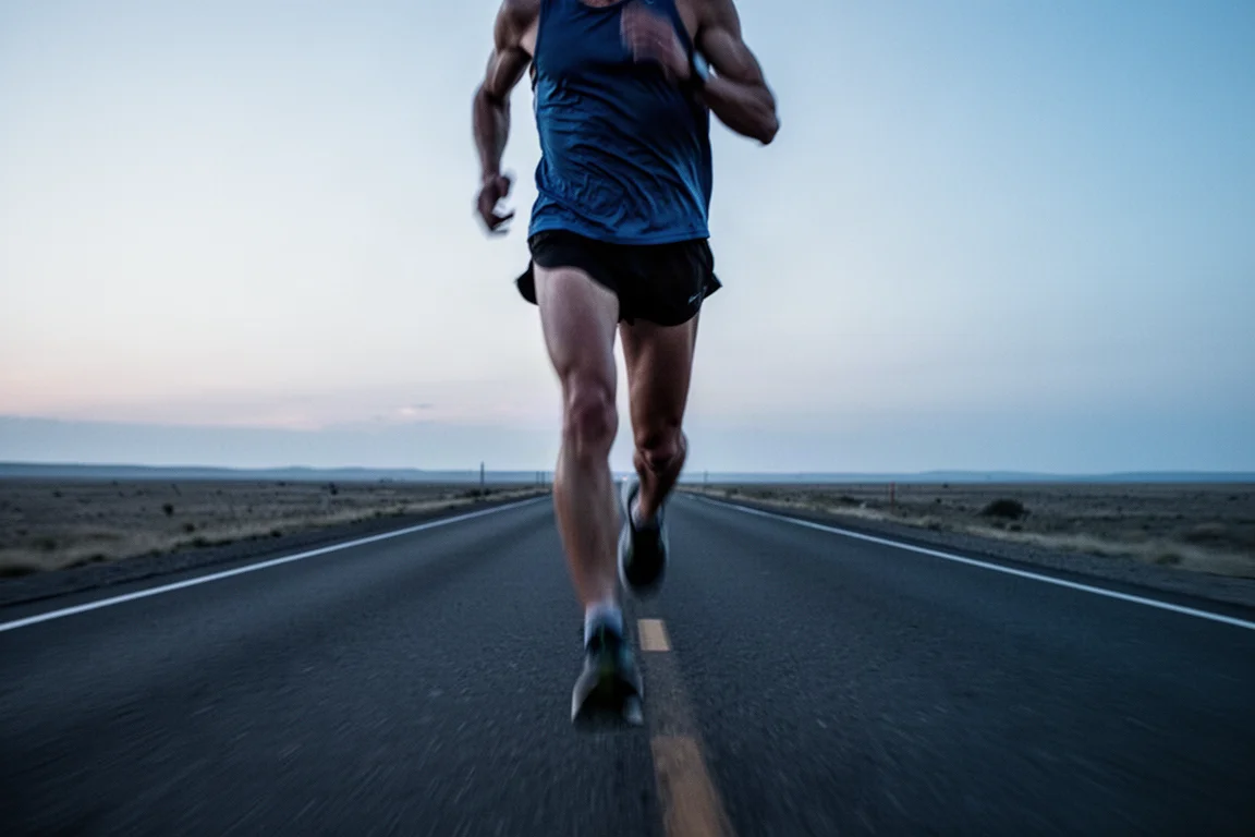 Un coureur s'installe dans son rythme sur une longue route droite au crépuscule