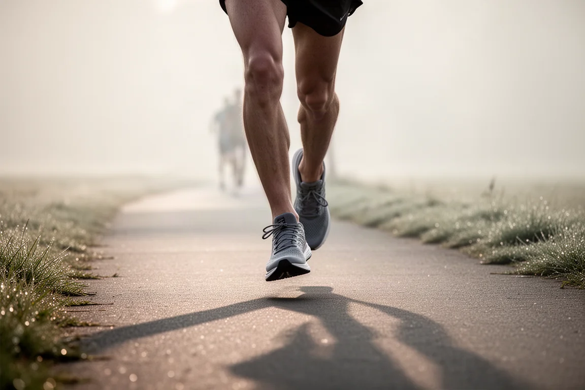 Un coureur effectuant des kilomètres faciles sur un chemin pavé dans une douce lumière de fin de matinée