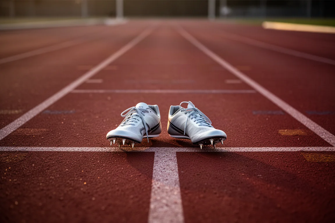 Les pieds d'un athlète en pointes de piste sur la ligne de départ d'une piste d'athlétisme