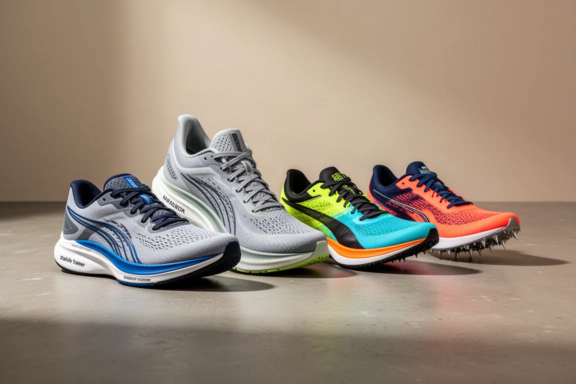 Lineup of five running shoes from daily trainers to track spikes on a concrete surface