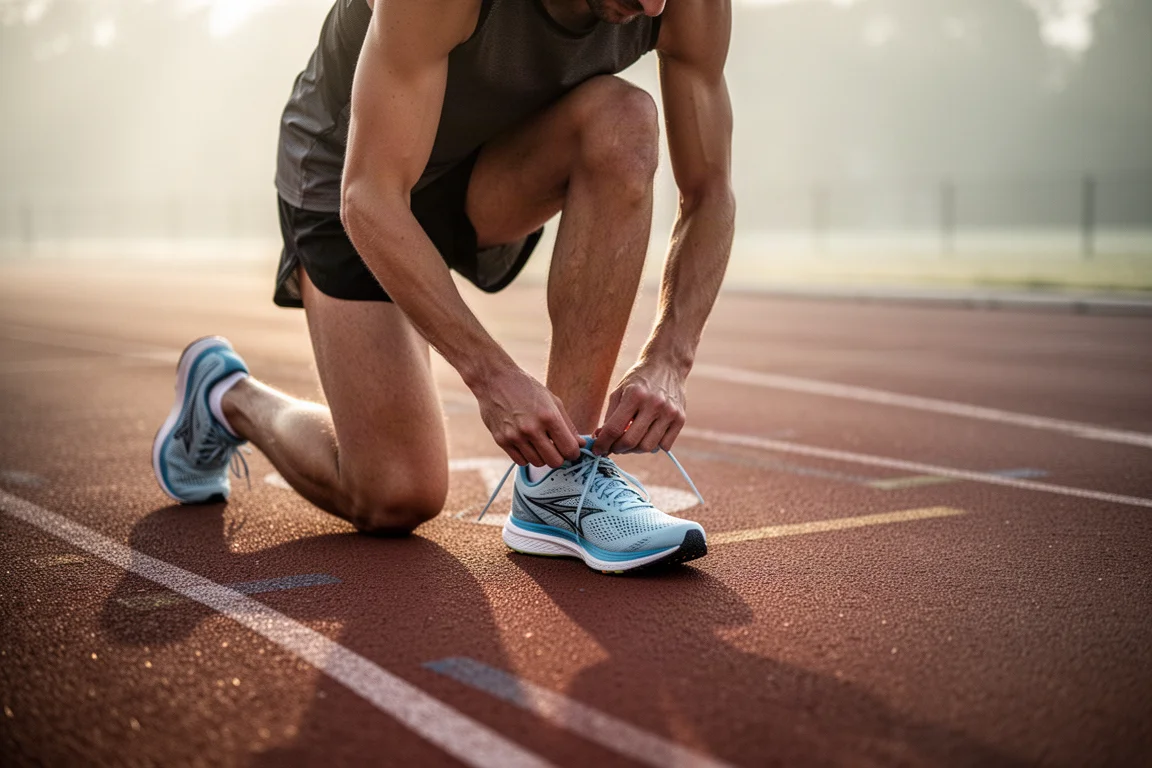 Runner lacing up a lightweight racing shoe on a track in morning light