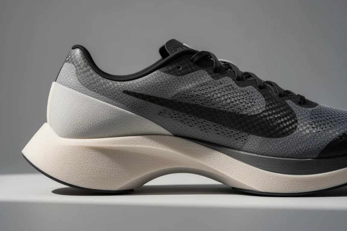 Close-up of a running shoe midsole showing beveled heel and curved rocker profile