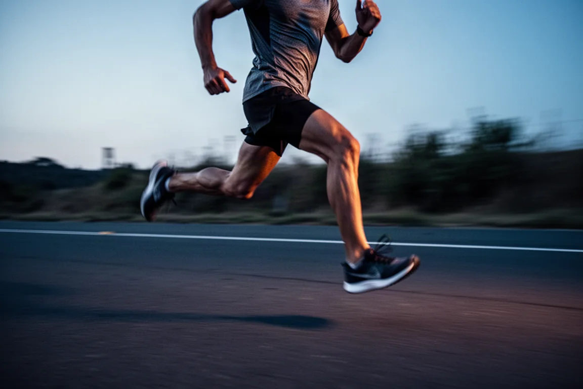 Sprinter accelerating on a paved road in soft dusk light