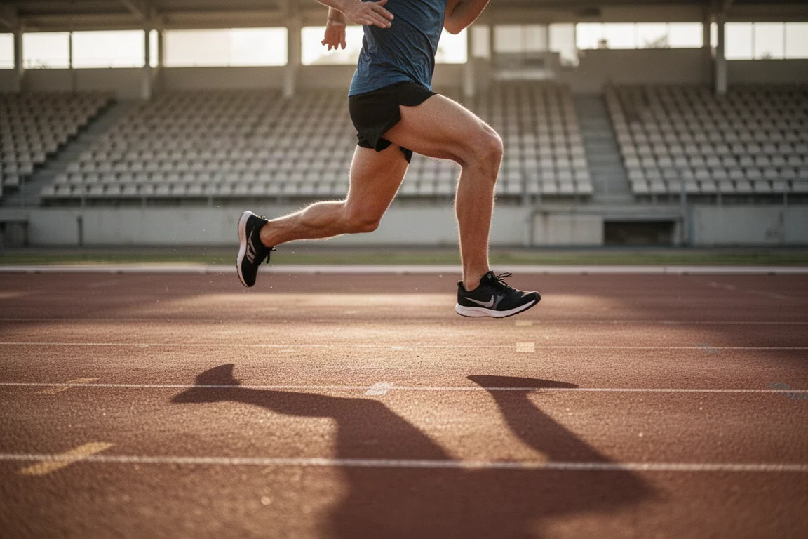 Track runner running fast intervals on a quiet outdoor track