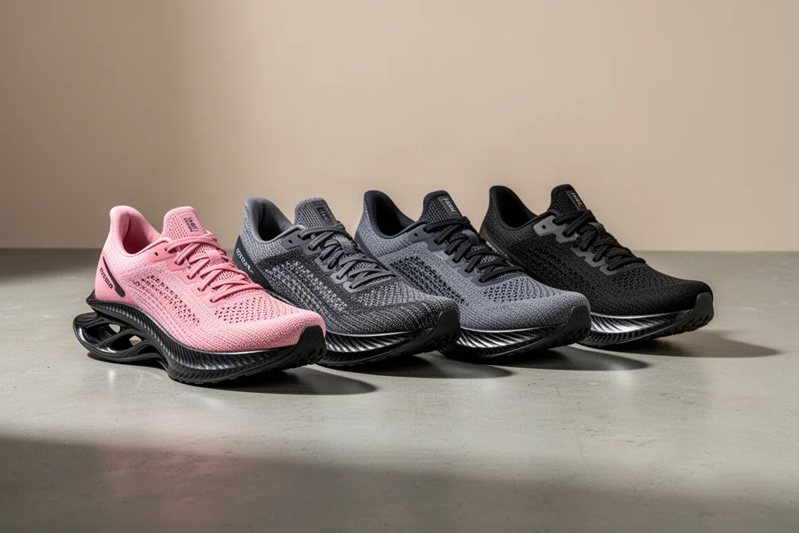 Four carbon-plated racing shoes arranged in a row on a concrete surface
