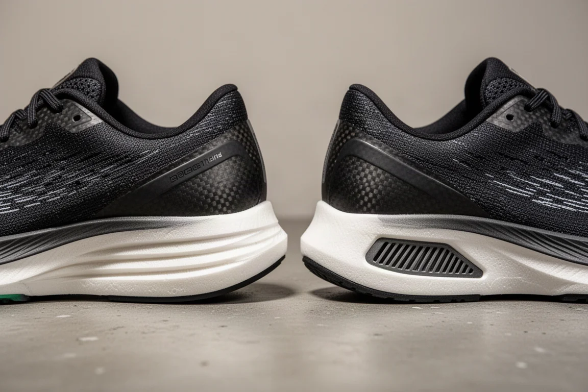 Primer plano de dos zapatillas de running con placa de carbono lado a lado mostrando las diferencias de mediasuela