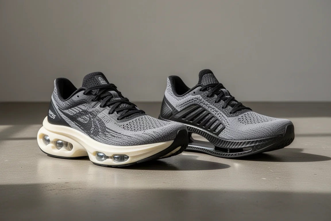 Two carbon plated racing shoes side by side on a concrete floor