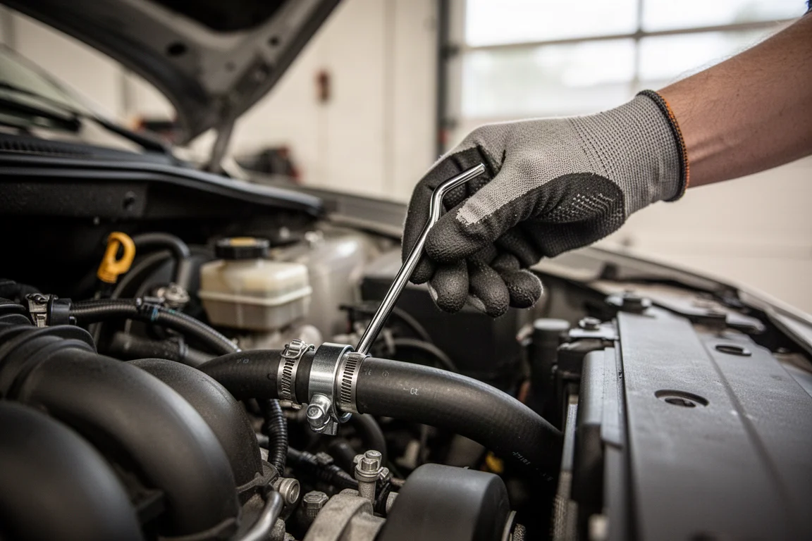 Mechanic working near a radiator hose clamp in a tight engine bay