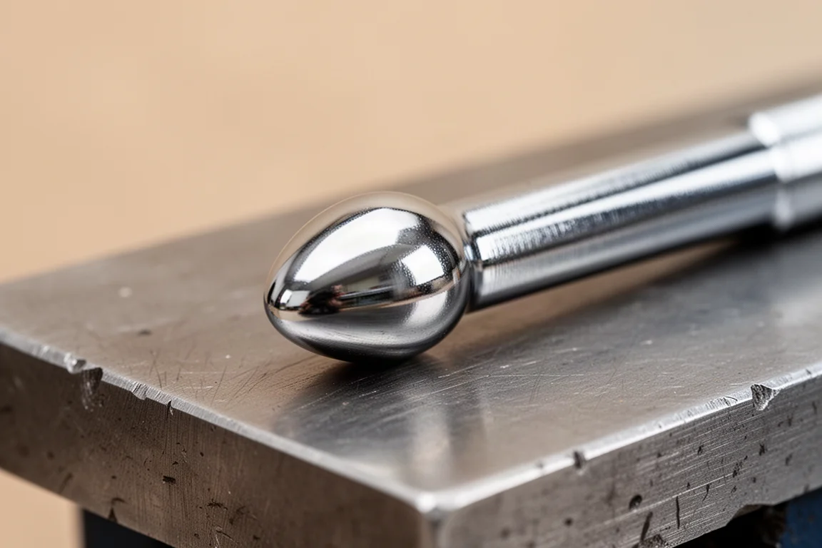 Close-up of a smooth rounded pick tip resting on a steel workbench
