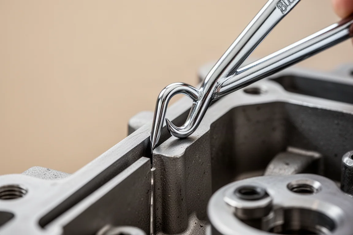 Reverse hook pick wedged gently between two metal edges