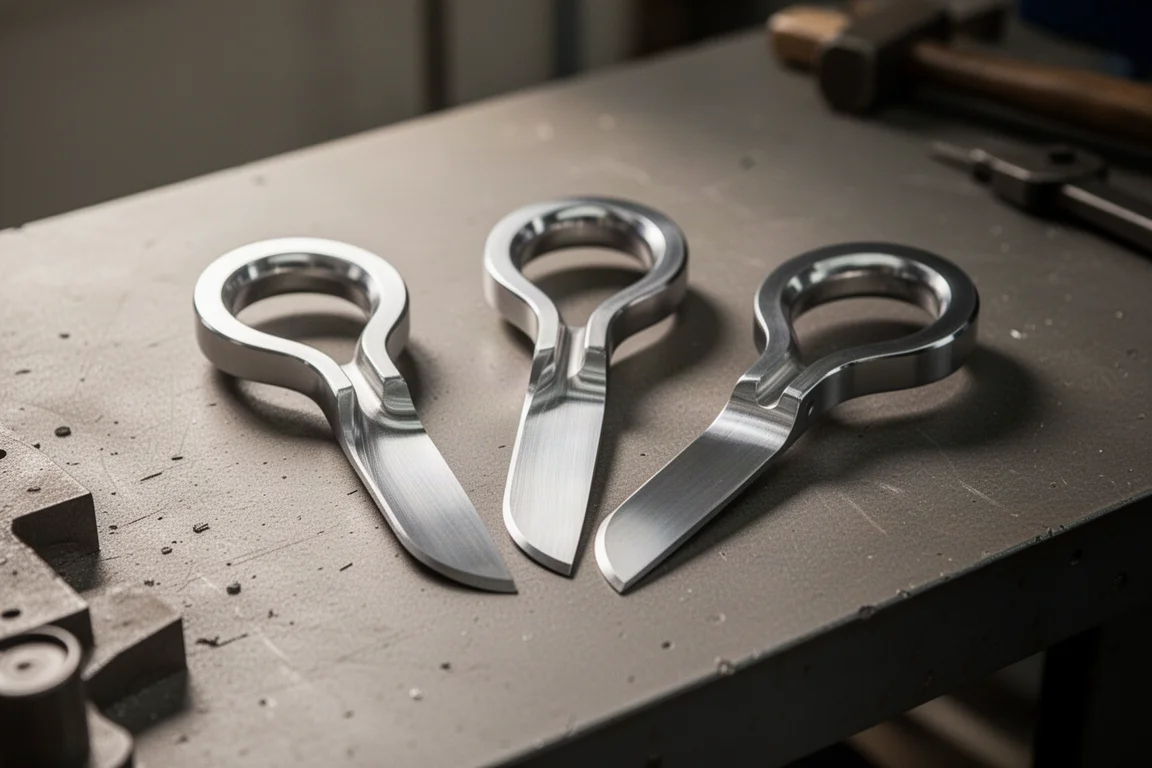 Three polished seal pullers arranged on a workshop bench